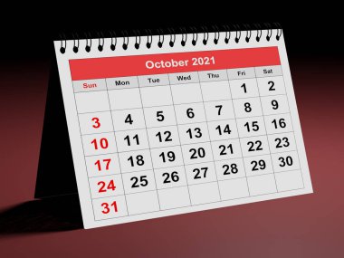 Yıllık iş takviminin bir sayfası. Tarih - Ekim 2021. 3d oluşturma