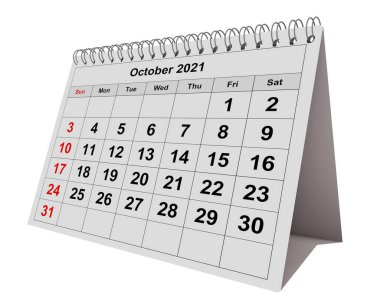 Yıllık iş takviminin bir sayfası. Tarih - Ekim 2021. 3d oluşturma