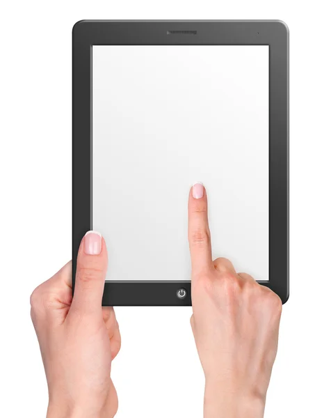 Computer tablet with blank screen and hands — Stock Photo, Image