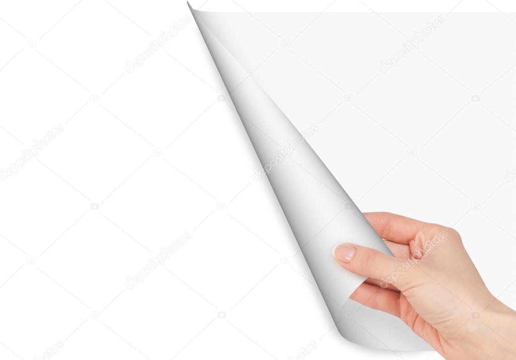 White background. Hand opens a page