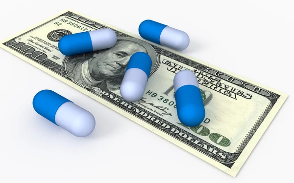 Capsules of tablets on money. Medicine concepts — Stock Photo, Image