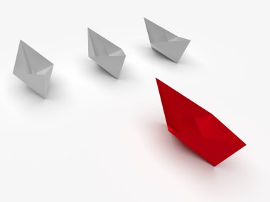 liderlik kavramı. Kırmızı ve beyaz kağıt tekneler