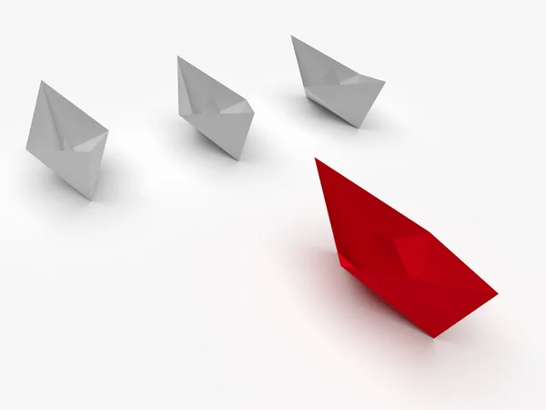 Концепція лідерства. Червоно-білі паперові човни — стокове фото