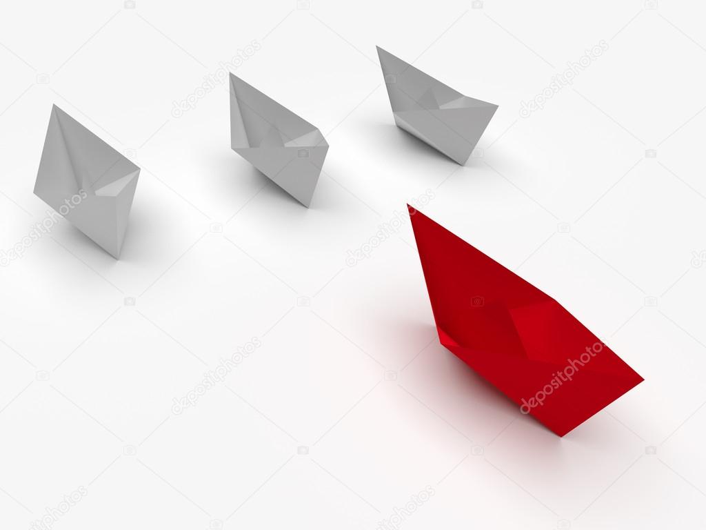 Leadership concept. Red and white paper boats