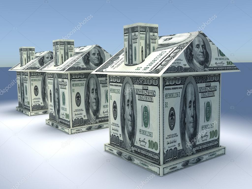 Three 3d houses from the money. Business concept