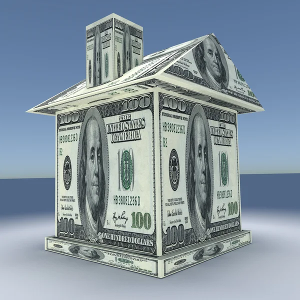 Három 3D-s ház a pénz. Üzleti koncepció — Stock Fotó