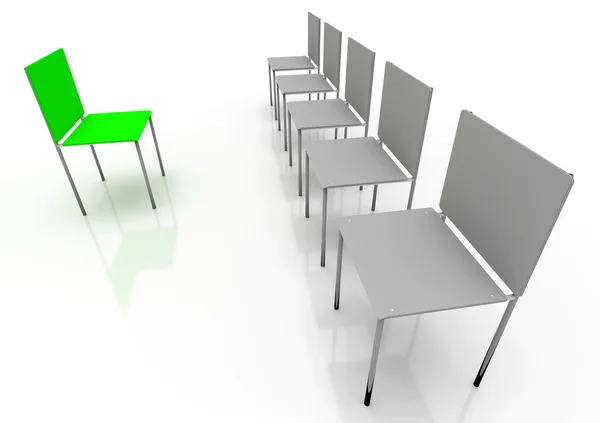 Ledarskap-konceptet. Rött och fyra grå stolar — Stockfoto