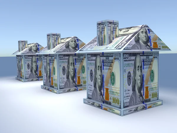 Tres casas 3d del dinero. Concepto empresarial — Foto de Stock