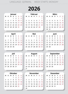 2026 yılı için Alman takvimi. Almanya için modern vektör illüstrasyonu
