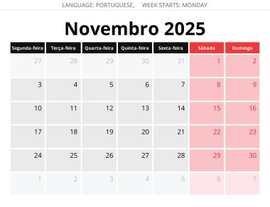 2025 yılının Kasım ayı Porto Riko aylık takvimi. Portekiz için şık tasarımı olan vektör illüstrasyonu