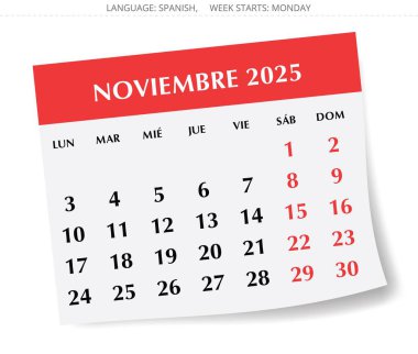 2025 İspanyol Kasım takvimi - yeni ay. İspanya için vektör illüstrasyonları
