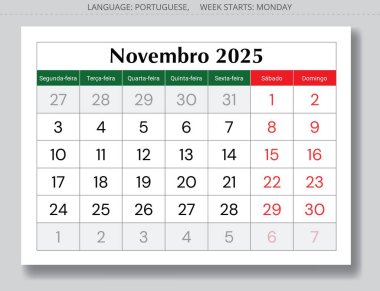 Kasım PORTUGUESE Aylık Takvimi 2025 - Kasım Kasım ayındayız. Portekiz için vektör sayfası illüstrasyonu