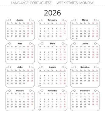 2026 yılının Porto Riko takvimi. Portekiz için dikey modern tasarım vektörü çizimi 