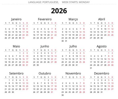 2026 yılı Portekiz takvimi. Portekiz için basit vektör illüstrasyonu - calendario portugues
