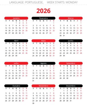 Portekiz takvimi 2026. Siyah ve kırmızı ile Portekiz için dikey vektör çizimi