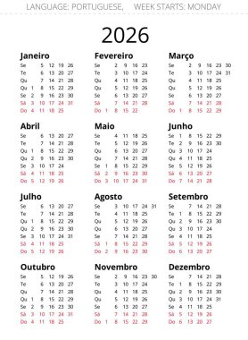 Dikey günleri olan Portekiz takvimi 2026. Portekiz için vektör illüstrasyonu