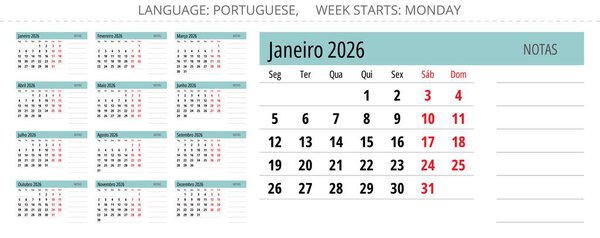 PORTUGUESE monthly calendar pages with notes. 2026 year. Vector collection set for Portugal