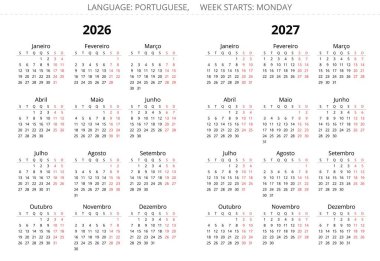Portekiz takvimi 2026 ve 2027 yılına ayarlandı. Portekiz için basit vektör illüstrasyonu 