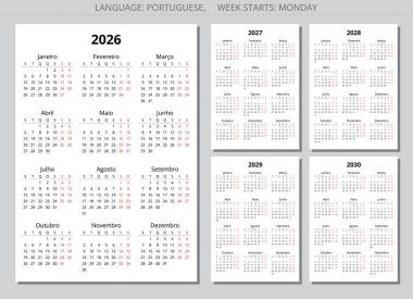 2026, 2026, 2027, 2028, 2029, 2030 yıllık Portekiz takvimleri. Portekiz için yazdırılabilir dikey vektör çizimi