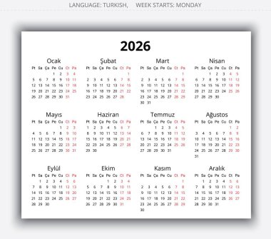 2026 yıllık Türk takvimi. Türkiye için vektör illüstrasyonu - Türk takvimi