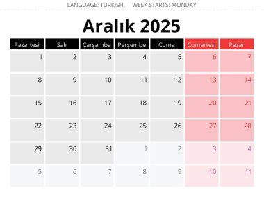 Aralık 2025 için Türk takvimi - Takim aralik. Türkiye için kış ayı için vektör illüstrasyonu