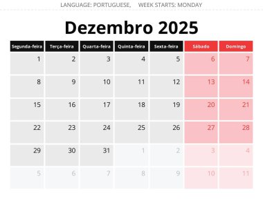 2025 yılının Porto Riko aylık takvimi. Portekiz için şık tasarımı olan vektör illüstrasyonu