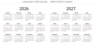 Portekiz yıllık takvimi 2026 ve 2027. Portekiz vektör illüstrasyonu. Hafta pazar başlıyor.