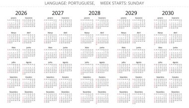 Portekiz yıllık takvimi 2026, 2027, 2028, 2029, 2030. Portekiz vektör illüstrasyonu. Hafta pazar başlıyor.