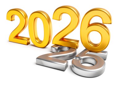 Yeni yıl 2026 tatil konsepti. 2025 yılına yakın olan 2026 sayısı beyazın üzerinde izole edilmiş.