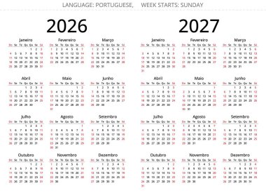 Portekiz yıllık takvimi 2026 ve 2027. Portekiz vektör illüstrasyonu. Hafta pazar başlıyor.