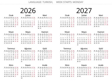 2026 ve 2027 yıllık Türk takvimleri. Türkiye için vektör illüstrasyonu - Türk takvimi