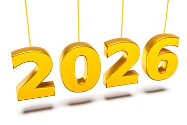 2026 numara beyaz üzerine izole edilmiş. Altın renginde yeni yıl tatili kavramları