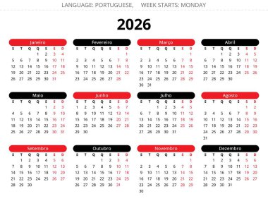 Portekiz takvimi 2026. Siyah ve kırmızı ile Portekiz için dikey vektör çizimi