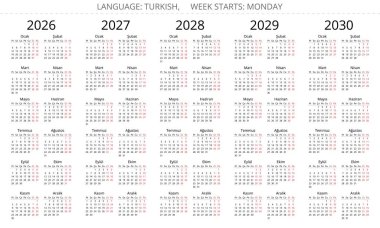 2026, 2027, 2028, 2029, 2030 Türkçe basit takvimler. Türkiye için vektör illüstrasyonu - Türk takvimi
