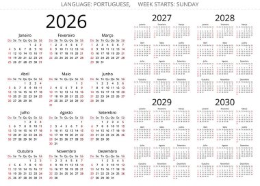 Portekiz yıllık takvimi 2026, 2027, 2028, 2029, 2030. Portekiz vektör illüstrasyonu. Hafta pazar başlıyor.