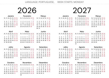 2026 ve 2027 yılları için Portekiz takvim koleksiyonu. Portekiz için basit vektör illüstrasyonu 