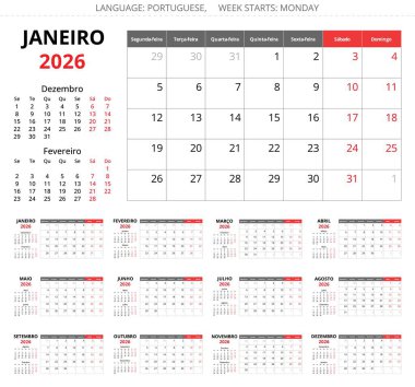 Aylık Porto Riko takvim planlama sayfaları. 2026 yılı. Portekiz için vektör koleksiyonu ayarlandı