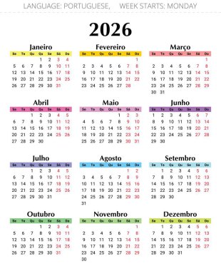 2026 yılı Portekiz takvimi. Aylar içinde çok renkli Portekiz için vektör illüstrasyonu