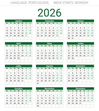 2026 yılının Porto Riko takvimi. Portekiz için dikey yeşil vektör illüstrasyonu - Portekizler