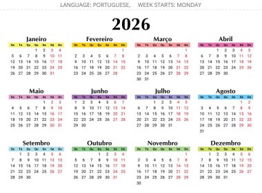 2026 yılı Portekiz takvimi. Portekiz için çok renkli vektör illüstrasyonu