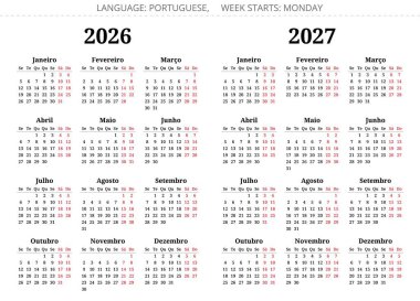 2026 ve 2027 yılları için Portekiz takvim koleksiyonu. Portekiz için serif yazı tipi ile vektör illüstrasyonu