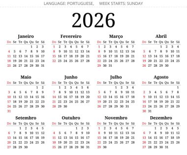Portekiz takvimi 2026. Portekiz vektör illüstrasyonu. Serif yazı tipiyle. Hafta pazar başlıyor.