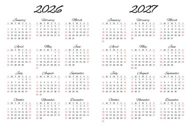 2026 ve 2027 takvimleri. Yazıtipi ile İngilizce vektör yılı (hafta pazar başlar)