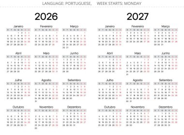 2027 ve 2026 yılları için Portekiz takvimi. Portekiz için vektör illüstrasyonu