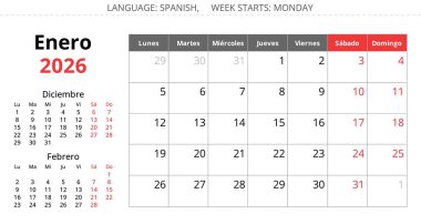 İspanyolca 2026 takvimi. Yılın her ayı için vektör illüstrasyonlarının toplanması. İspanya için