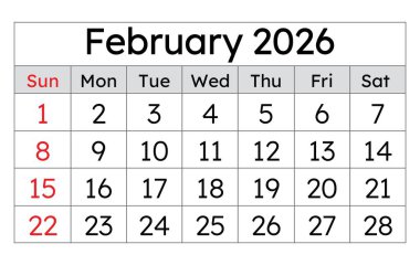 Şubat 2026 takvimi. Aylık vektör İngilizce takvim sayfası. Kış ayı, temiz tasarım