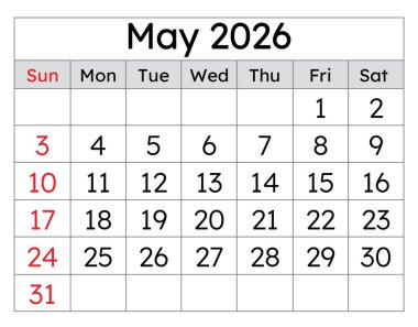 Mayıs 2026 takvimi. Aylık vektör İngilizce takvim sayfası. Bahar ayı, temiz tasarım