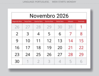 Portekiz Kasım 2026 takvim planlayıcısı Novembro. Portekiz için aylık sayfa illüstrasyonu