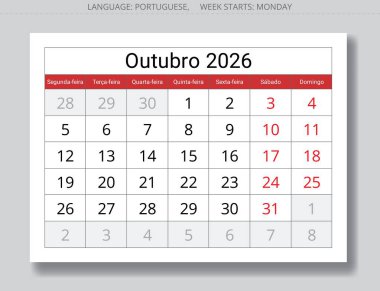 Portekiz Ekim 2026 takvim planlayıcısı Outubro. Portekiz için aylık sayfa illüstrasyonu