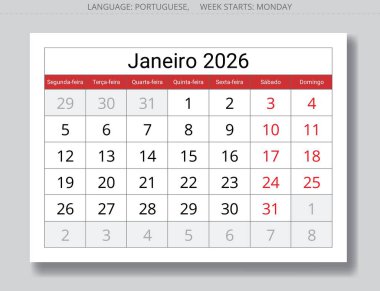 Portekiz Ocak 2026 takvim planlayıcısı Janeiro. Portekiz için aylık sayfa illüstrasyonu